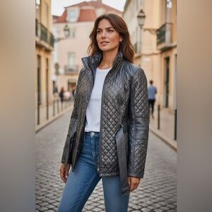 GUESS Snap & Zip Up Belted Black Lined Quilted Jacket Women's Size XL NWT